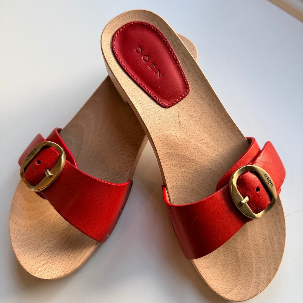 DÔEN Mercata Red Leather Wooden Clog Sandals Buckle Slip On EU 36/ US 5.5 Boho